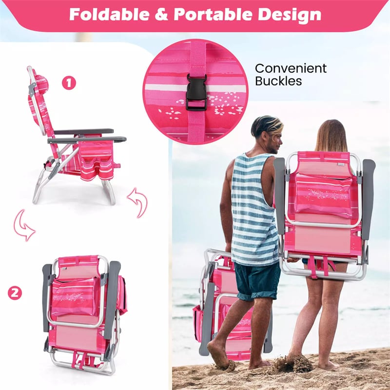 2 Pack Backpack Beach Chairs, Folding Camping Chairs 5-Position Reclining Beach Chairs with Armrests, Cooler Bag, Cup Holder, Side Pockets