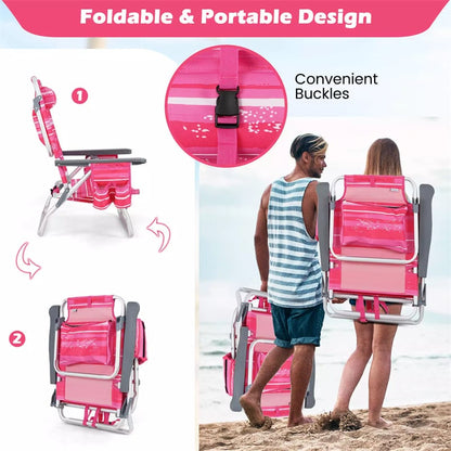 2 Pack Backpack Beach Chairs, Folding Camping Chairs 5-Position Reclining Beach Chairs with Armrests, Cooler Bag, Cup Holder, Side Pockets