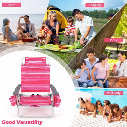 2 Pack Backpack Beach Chairs, Folding Camping Chairs 5-Position Reclining Beach Chairs with Armrests, Cooler Bag, Cup Holder, Side Pockets