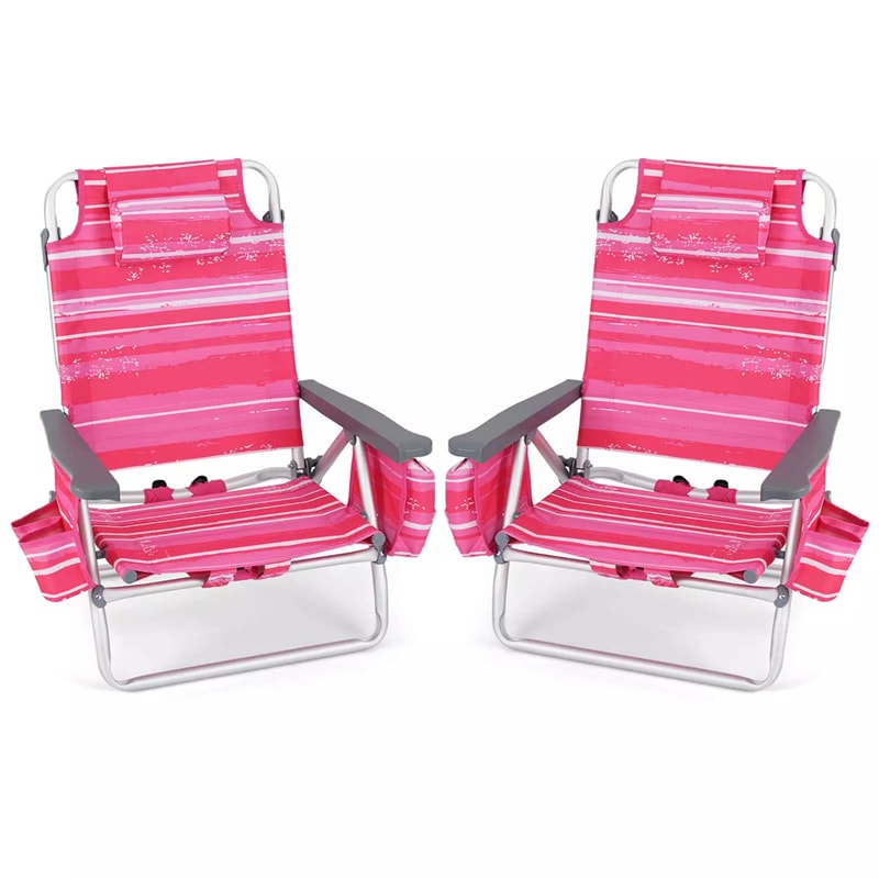 2 Pack Backpack Beach Chairs, Folding Camping Chairs 5-Position Reclining Beach Chairs with Armrests, Cooler Bag, Cup Holder, Side Pockets