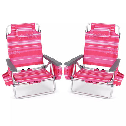 2 Pack Backpack Beach Chairs, Folding Camping Chairs 5-Position Reclining Beach Chairs with Armrests, Cooler Bag, Cup Holder, Side Pockets