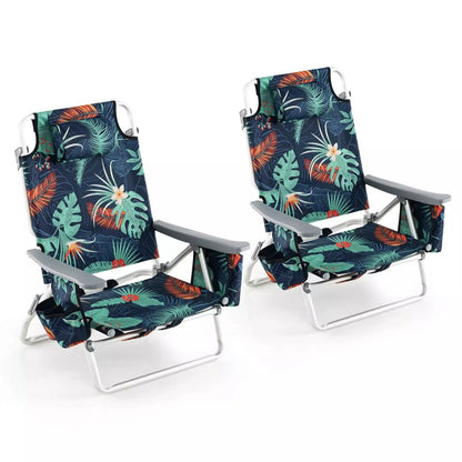 2 Pack Backpack Beach Chairs, Folding Camping Chairs 5-Position Reclining Beach Chairs with Armrests, Cooler Bag, Cup Holder, Side Pockets