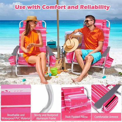 2 Pack Backpack Beach Chairs, Folding Camping Chairs 5-Position Reclining Beach Chairs with Armrests, Cooler Bag, Cup Holder, Side Pockets