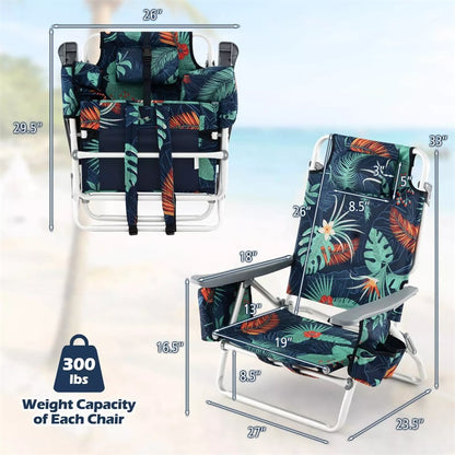 2 Pack Backpack Beach Chairs, Folding Camping Chairs 5-Position Reclining Beach Chairs with Armrests, Cooler Bag, Cup Holder, Side Pockets