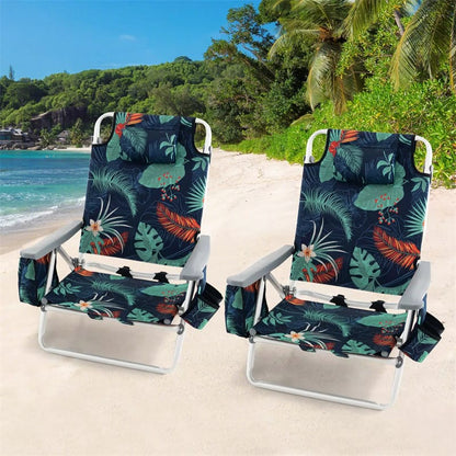 2 Pack Backpack Beach Chairs, Folding Camping Chairs 5-Position Reclining Beach Chairs with Armrests, Cooler Bag, Cup Holder, Side Pockets