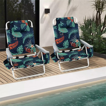 2 Pack Backpack Beach Chairs, Folding Camping Chairs 5-Position Reclining Beach Chairs with Armrests, Cooler Bag, Cup Holder, Side Pockets
