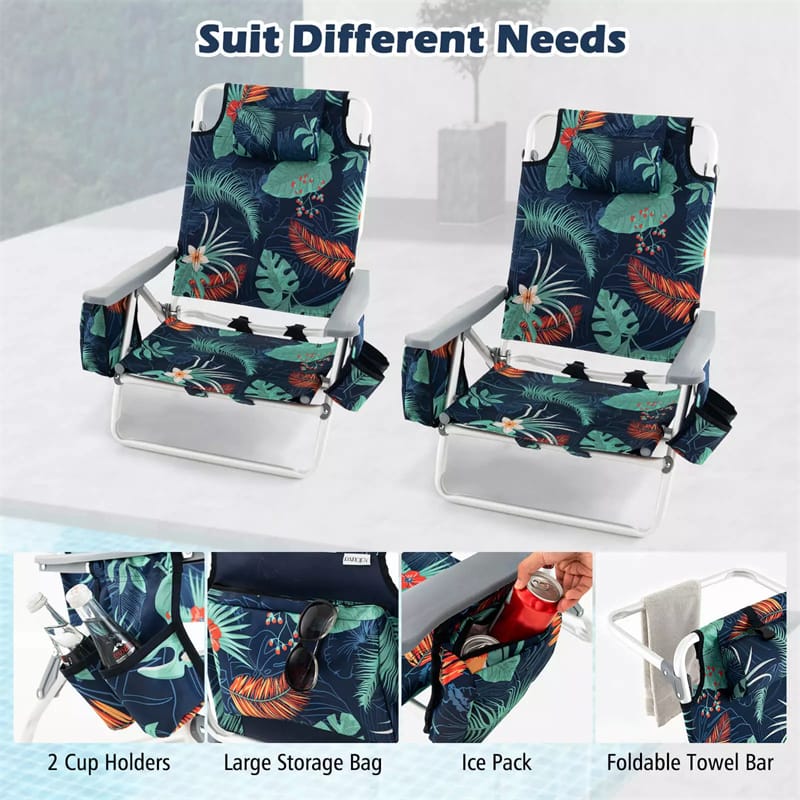 2 Pack Backpack Beach Chairs, Folding Camping Chairs 5-Position Reclining Beach Chairs with Armrests, Cooler Bag, Cup Holder, Side Pockets