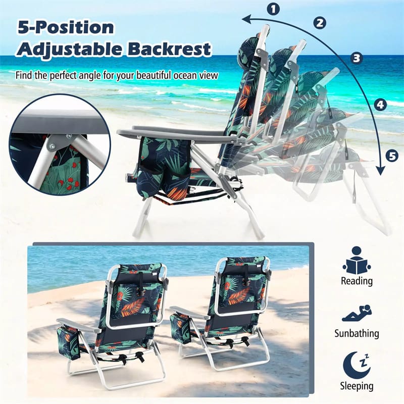 2 Pack Backpack Beach Chairs, Folding Camping Chairs 5-Position Reclining Beach Chairs with Armrests, Cooler Bag, Cup Holder, Side Pockets