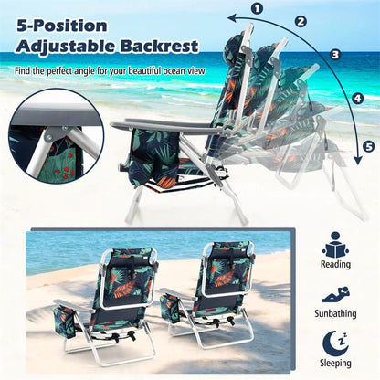 2 Pack Backpack Beach Chairs, Folding Camping Chairs 5-Position Reclining Beach Chairs with Armrests, Cooler Bag, Cup Holder, Side Pockets