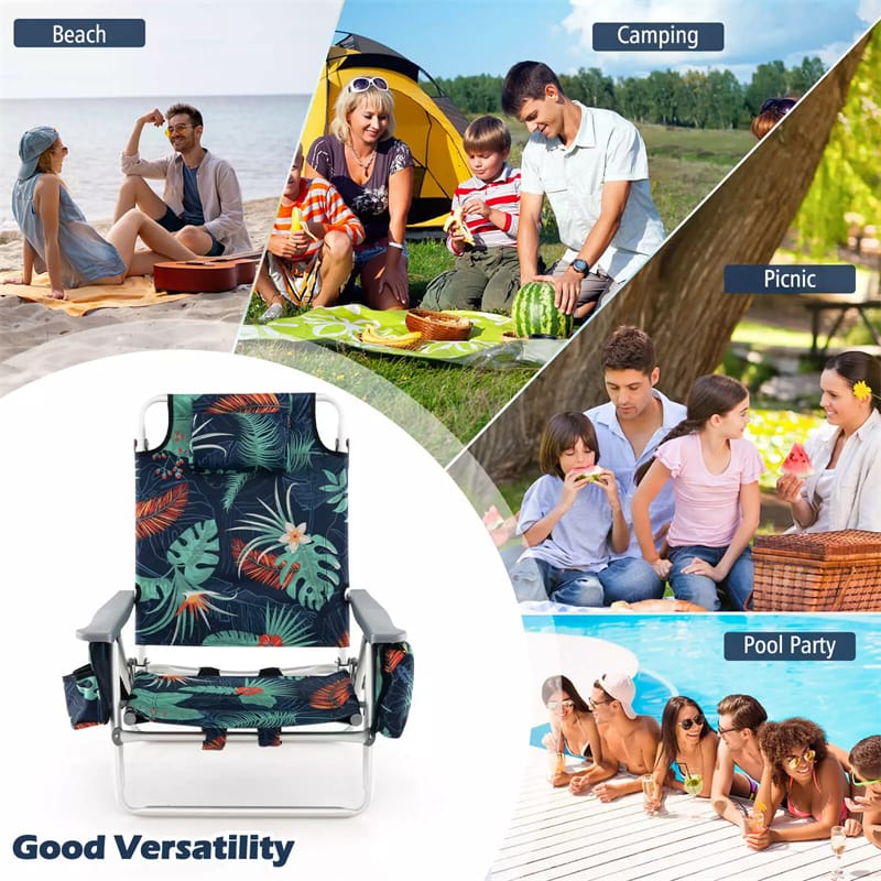 2 Pack Backpack Beach Chairs, Folding Camping Chairs 5-Position Reclining Beach Chairs with Armrests, Cooler Bag, Cup Holder, Side Pockets