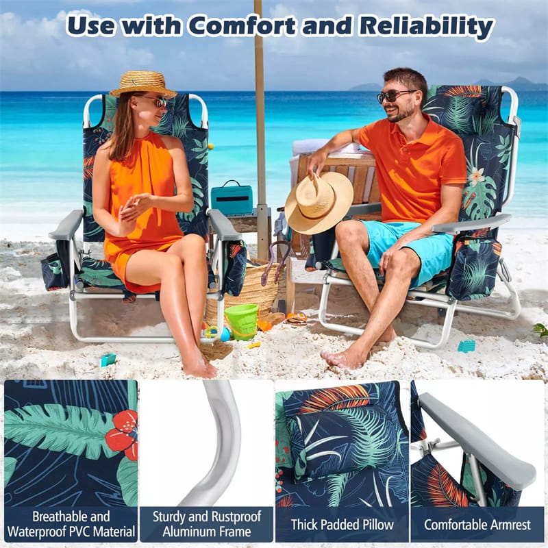2 Pack Backpack Beach Chairs, Folding Camping Chairs 5-Position Reclining Beach Chairs with Armrests, Cooler Bag, Cup Holder, Side Pockets