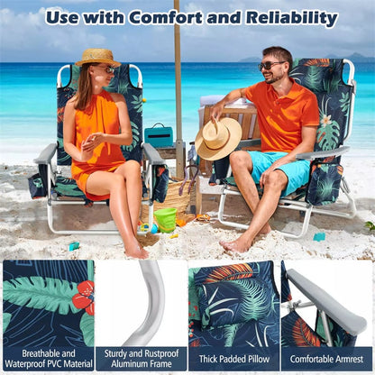 2 Pack Backpack Beach Chairs, Folding Camping Chairs 5-Position Reclining Beach Chairs with Armrests, Cooler Bag, Cup Holder, Side Pockets
