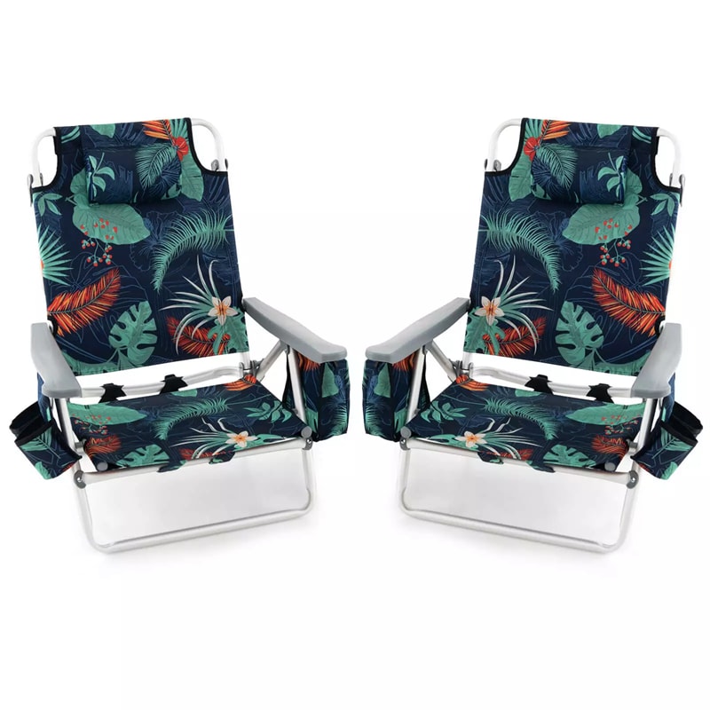 2 Pack Backpack Beach Chairs, Folding Camping Chairs 5-Position Reclining Beach Chairs with Armrests, Cooler Bag, Cup Holder, Side Pockets