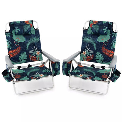 2 Pack Backpack Beach Chairs, Folding Camping Chairs 5-Position Reclining Beach Chairs with Armrests, Cooler Bag, Cup Holder, Side Pockets