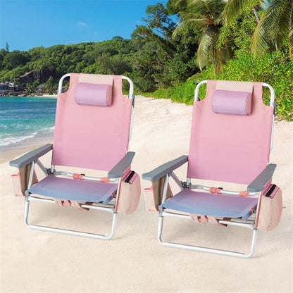 2 Pack Backpack Beach Chairs, Folding Camping Chairs 5-Position Reclining Beach Chairs with Armrests, Cooler Bag, Cup Holder, Side Pockets