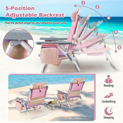 2 Pack Backpack Beach Chairs, Folding Camping Chairs 5-Position Reclining Beach Chairs with Armrests, Cooler Bag, Cup Holder, Side Pockets