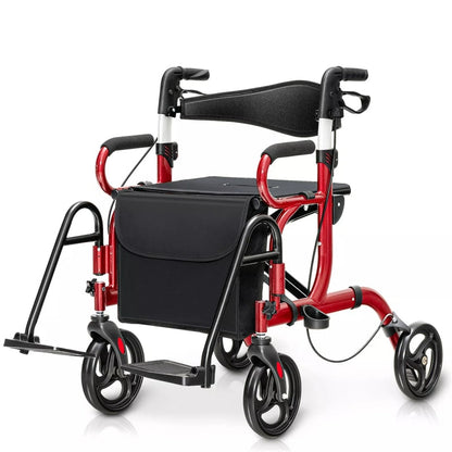 2-in-1 Rollator Walker for Seniors, Folding Medical Walker Transport Chair with Seat, 8" Wheels, 350lbs Capacity, Aluminum Mobility Walking Aid