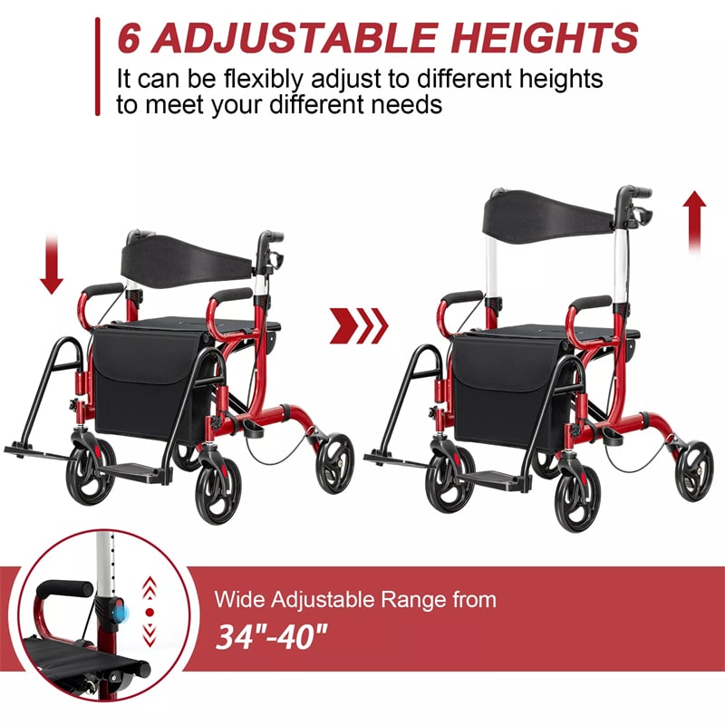 2-in-1 Rollator Walker for Seniors, Folding Medical Walker Transport Chair with Seat, 8" Wheels, 350lbs Capacity, Aluminum Mobility Walking Aid