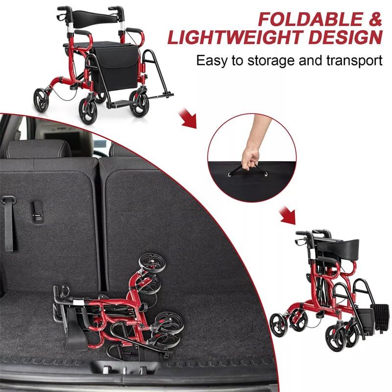 2-in-1 Rollator Walker for Seniors, Folding Medical Walker Transport Chair with Seat, 8" Wheels, 350lbs Capacity, Aluminum Mobility Walking Aid