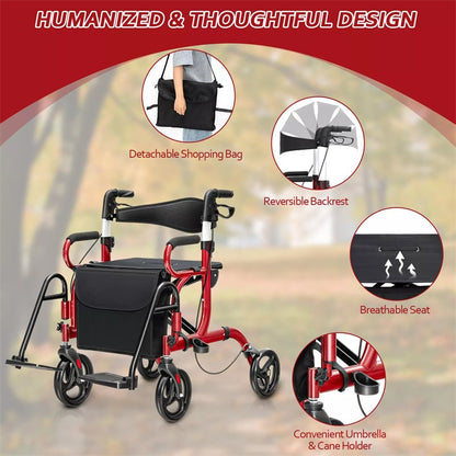 2-in-1 Rollator Walker for Seniors, Folding Medical Walker Transport Chair with Seat, 8" Wheels, 350lbs Capacity, Aluminum Mobility Walking Aid