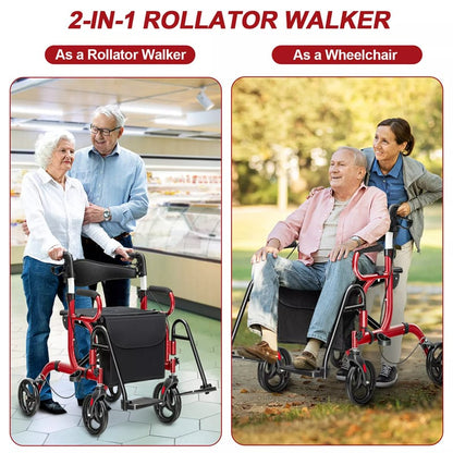 2-in-1 Rollator Walker for Seniors, Folding Medical Walker Transport Chair with Seat, 8" Wheels, 350lbs Capacity, Aluminum Mobility Walking Aid