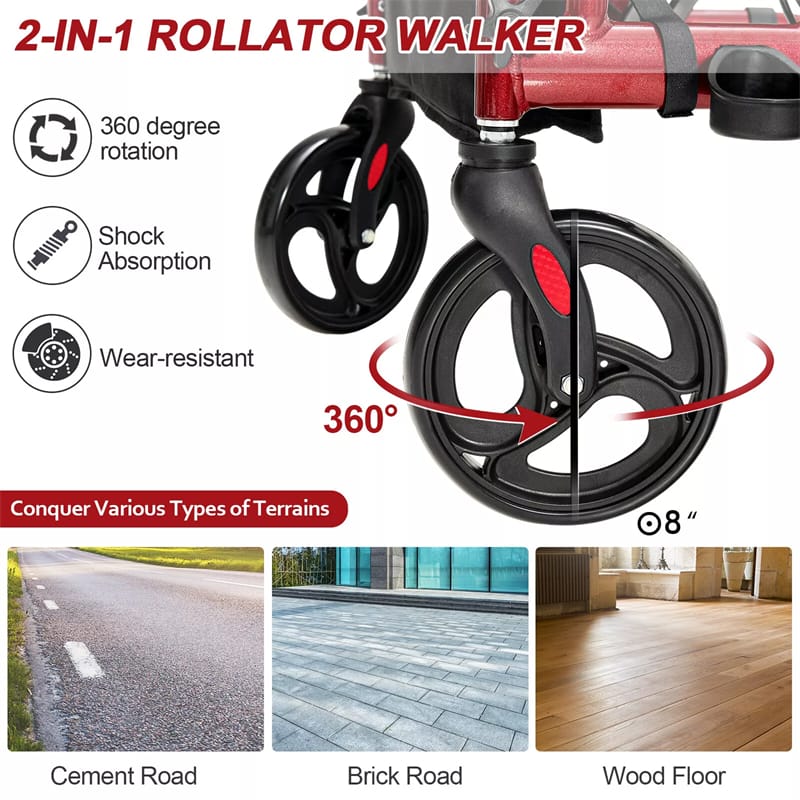2-in-1 Rollator Walker for Seniors, Folding Medical Walker Transport Chair with Seat, 8" Wheels, 350lbs Capacity, Aluminum Mobility Walking Aid