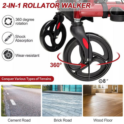 2-in-1 Rollator Walker for Seniors, Folding Medical Walker Transport Chair with Seat, 8" Wheels, 350lbs Capacity, Aluminum Mobility Walking Aid