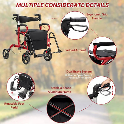 2-in-1 Rollator Walker for Seniors, Folding Medical Walker Transport Chair with Seat, 8" Wheels, 350lbs Capacity, Aluminum Mobility Walking Aid