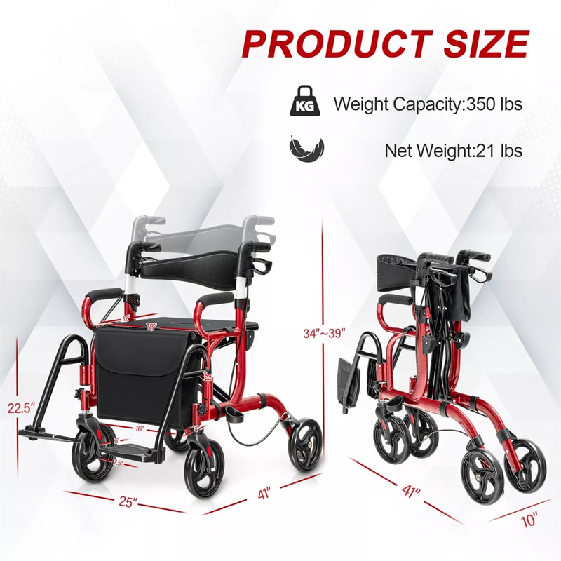 2-in-1 Rollator Walker for Seniors, Folding Medical Walker Transport Chair with Seat, 8" Wheels, 350lbs Capacity, Aluminum Mobility Walking Aid