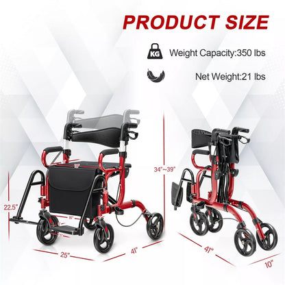 2-in-1 Rollator Walker for Seniors, Folding Medical Walker Transport Chair with Seat, 8" Wheels, 350lbs Capacity, Aluminum Mobility Walking Aid
