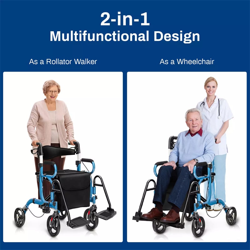 2-in-1 Rollator Walker for Seniors, Folding Medical Walker Transport Chair with Seat, 8" Wheels, 350lbs Capacity, Aluminum Mobility Walking Aid