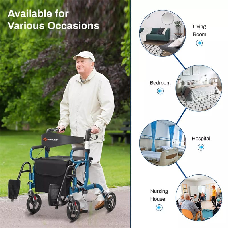 2-in-1 Rollator Walker for Seniors, Folding Medical Walker Transport Chair with Seat, 8" Wheels, 350lbs Capacity, Aluminum Mobility Walking Aid