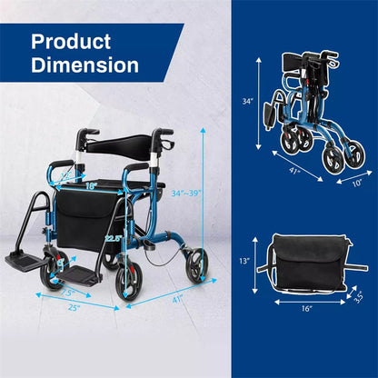 2-in-1 Rollator Walker for Seniors, Folding Medical Walker Transport Chair with Seat, 8" Wheels, 350lbs Capacity, Aluminum Mobility Walking Aid