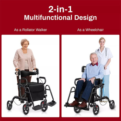 2-in-1 Rollator Walker for Seniors, Folding Medical Walker Transport Chair with Seat, 8" Wheels, 350lbs Capacity, Aluminum Mobility Walking Aid