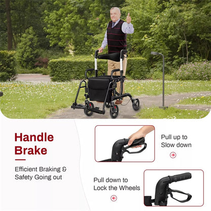 2-in-1 Rollator Walker for Seniors, Folding Medical Walker Transport Chair with Seat, 8" Wheels, 350lbs Capacity, Aluminum Mobility Walking Aid