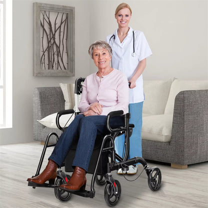 2-in-1 Rollator Walker for Seniors, Folding Medical Walker Transport Chair with Seat, 8" Wheels, 350lbs Capacity, Aluminum Mobility Walking Aid