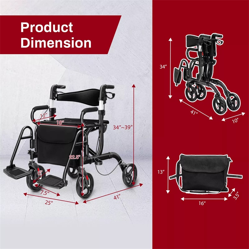 2-in-1 Rollator Walker for Seniors, Folding Medical Walker Transport Chair with Seat, 8" Wheels, 350lbs Capacity, Aluminum Mobility Walking Aid