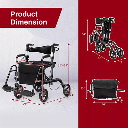 2-in-1 Rollator Walker for Seniors, Folding Medical Walker Transport Chair with Seat, 8" Wheels, 350lbs Capacity, Aluminum Mobility Walking Aid