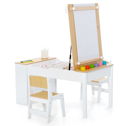 3-in-1 Kids Table & Chair Set, Wood Art Table & Easel with 2 Chairs, 6 Storage Bins, Paper Roller & Paint Cups, Toddler Crafts Table Chair Set
