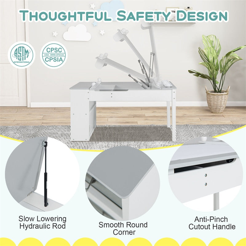 3-in-1 Kids Table & Chair Set, Wood Art Table & Easel with 2 Chairs, 6 Storage Bins, Paper Roller & Paint Cups, Toddler Crafts Table Chair Set