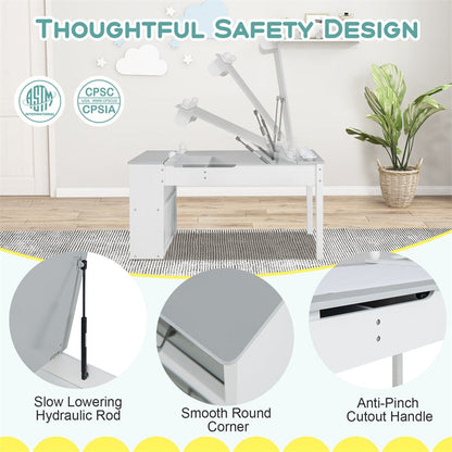 3-in-1 Kids Table & Chair Set, Wood Art Table & Easel with 2 Chairs, 6 Storage Bins, Paper Roller & Paint Cups, Toddler Crafts Table Chair Set