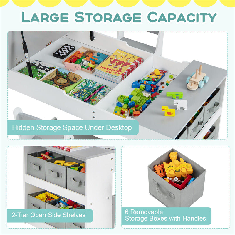 3-in-1 Kids Table & Chair Set, Wood Art Table & Easel with 2 Chairs, 6 Storage Bins, Paper Roller & Paint Cups, Toddler Crafts Table Chair Set