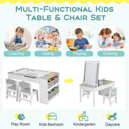 3-in-1 Kids Table & Chair Set, Wood Art Table & Easel with 2 Chairs, 6 Storage Bins, Paper Roller & Paint Cups, Toddler Crafts Table Chair Set
