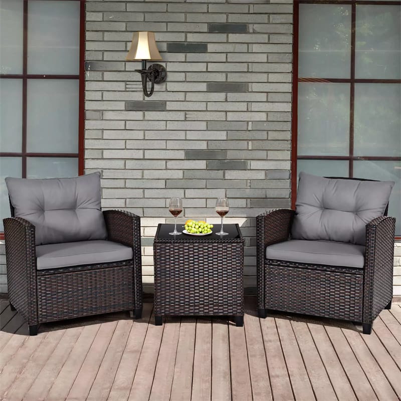 3PCS Rattan Patio Furniture Set with Washable Cushions & Tempered Glass Coffee Table, Outdoor Wicker Conversation Set for Garden, Balcony
