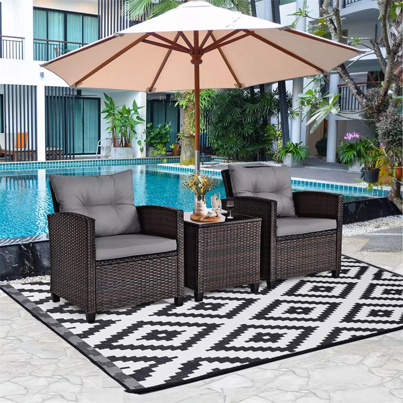 3PCS Rattan Patio Furniture Set with Washable Cushions & Tempered Glass Coffee Table, Outdoor Wicker Conversation Set for Garden, Balcony