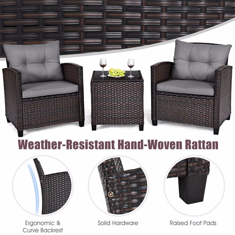 3PCS Rattan Patio Furniture Set with Washable Cushions & Tempered Glass Coffee Table, Outdoor Wicker Conversation Set for Garden, Balcony