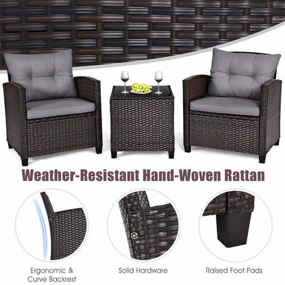 3PCS Rattan Patio Furniture Set with Washable Cushions & Tempered Glass Coffee Table, Outdoor Wicker Conversation Set for Garden, Balcony