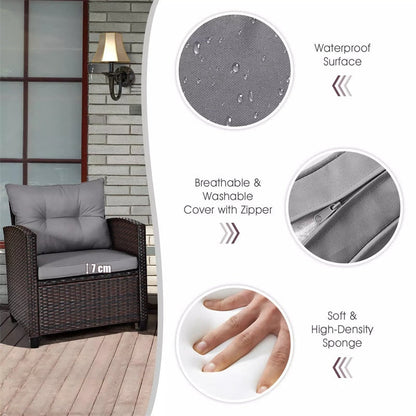 3PCS Rattan Patio Furniture Set with Washable Cushions & Tempered Glass Coffee Table, Outdoor Wicker Conversation Set for Garden, Balcony