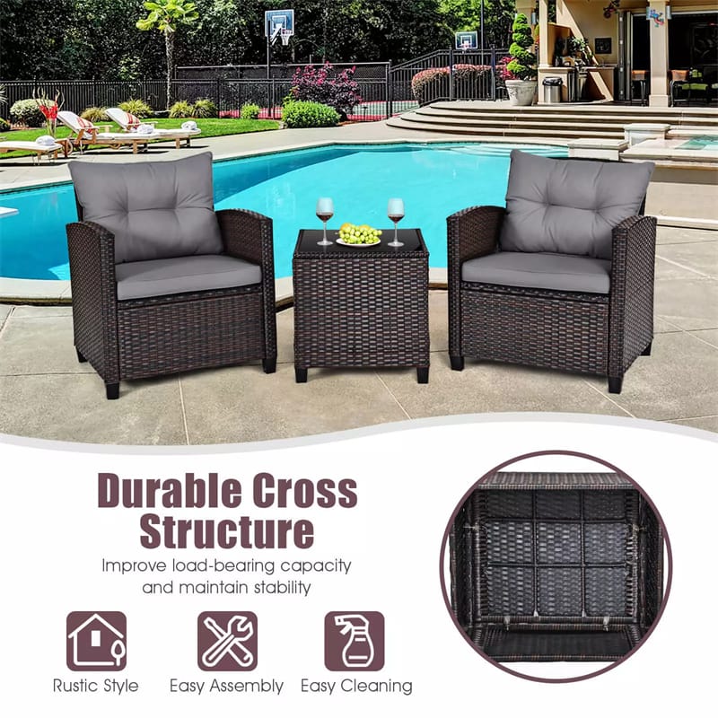 3PCS Rattan Patio Furniture Set with Washable Cushions & Tempered Glass Coffee Table, Outdoor Wicker Conversation Set for Garden, Balcony