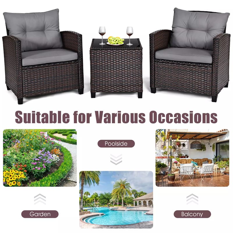 3PCS Rattan Patio Furniture Set with Washable Cushions & Tempered Glass Coffee Table, Outdoor Wicker Conversation Set for Garden, Balcony